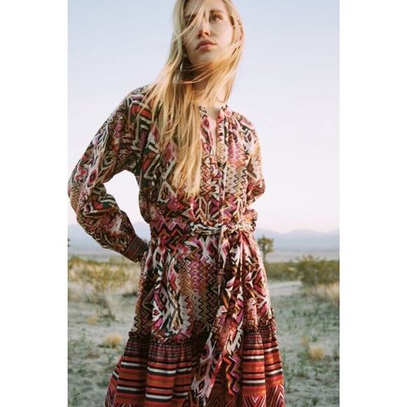 Zara Long Sleeve Mini Dress L Red Pink Geometric Tribal Print Button Front Boho - Picture 3 of 16